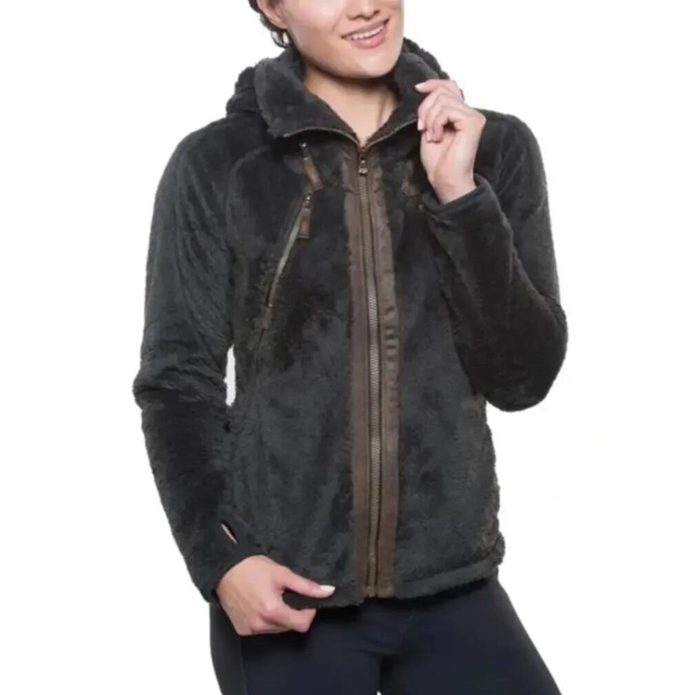 Kuhl Flight Jacket Womens Large Brown Fleece Stowaway Hood Gorp Cabin Warm